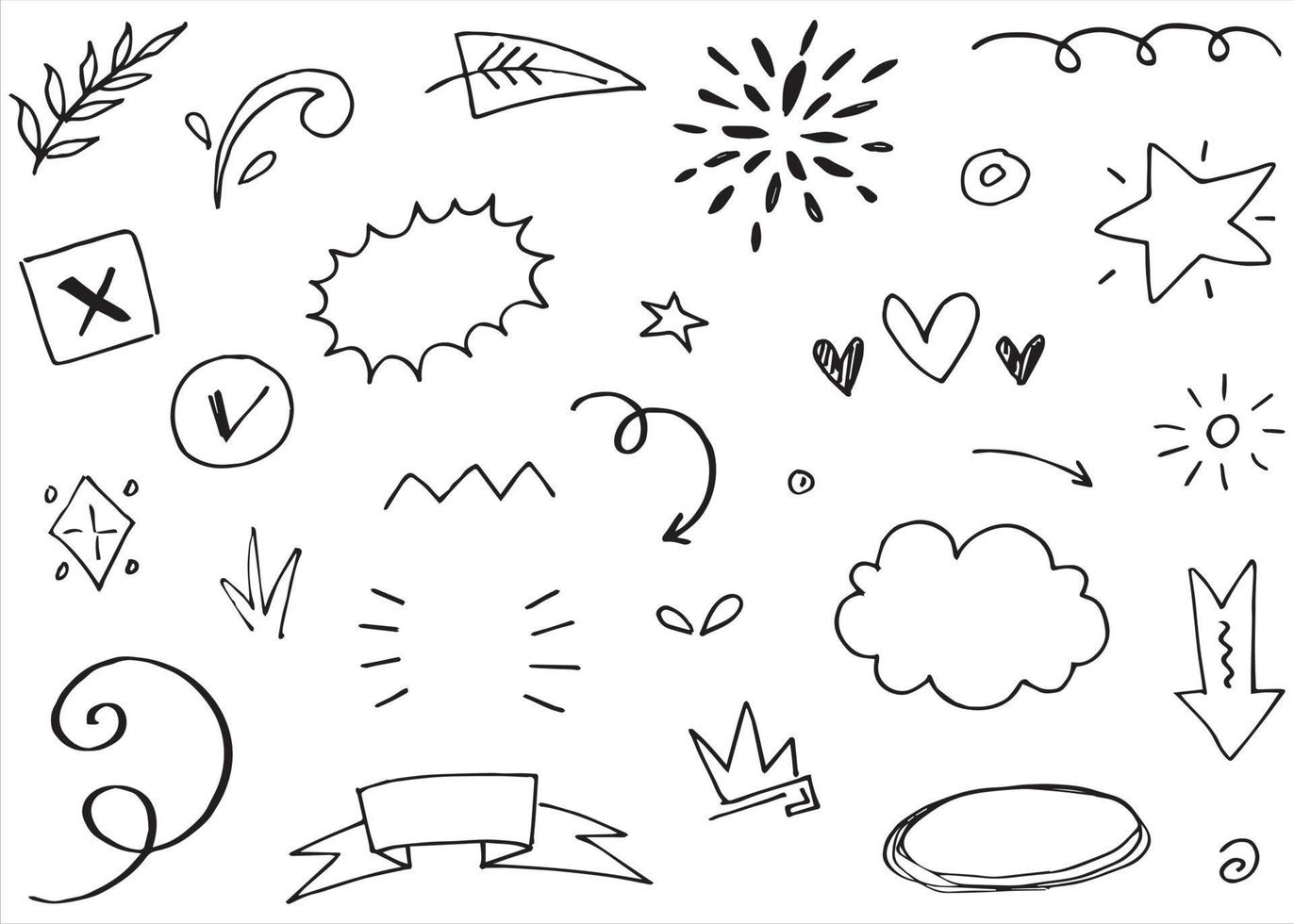 Abstract arrows, ribbons, crowns, hearts, explosions and other elements in hand drawn style for concept design. Doodle illustration. Vector template for decoration