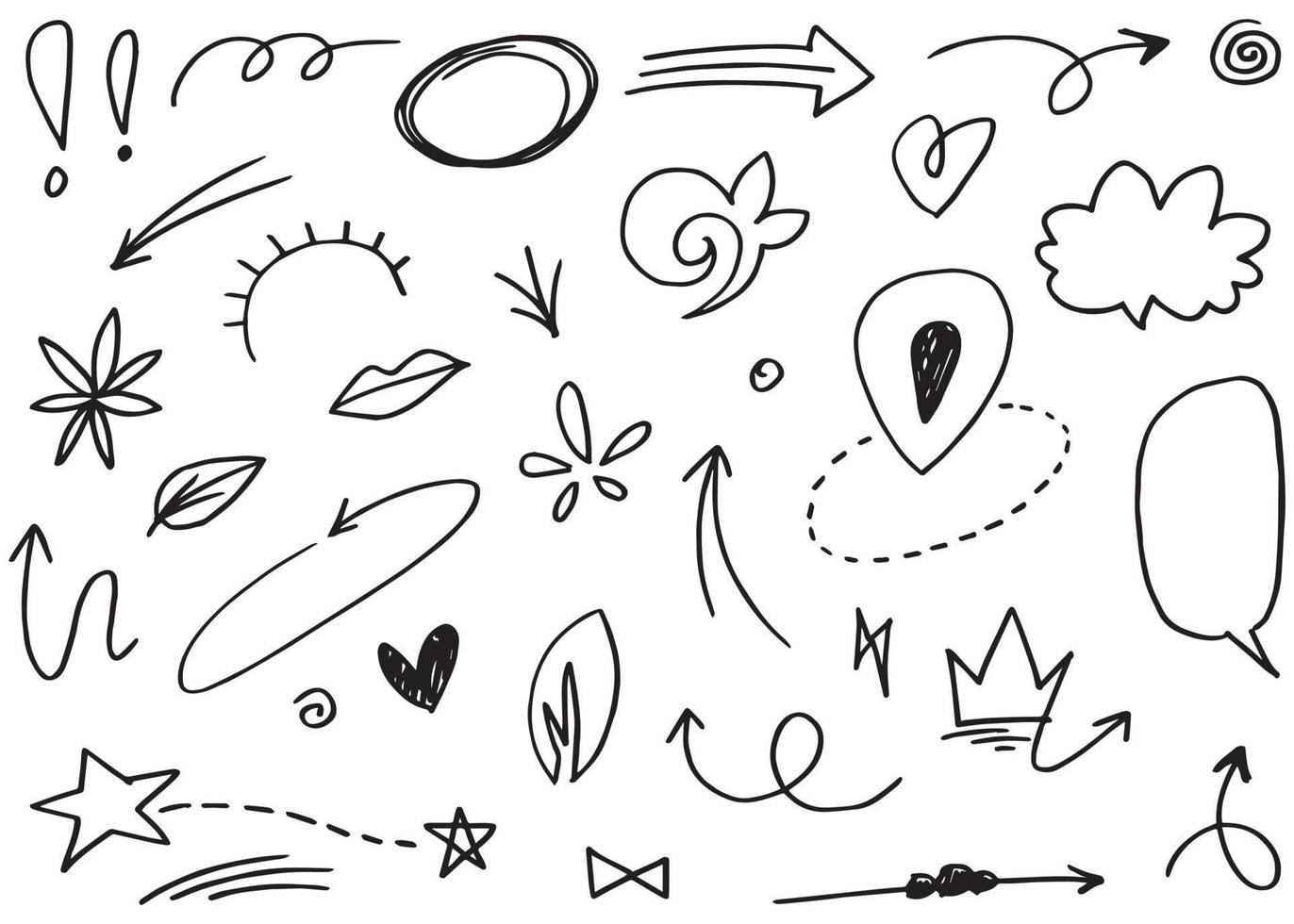 Abstract arrows, ribbons, crowns, hearts, explosions and other elements in hand drawn style for concept design. Doodle illustration. Vector template for decoration