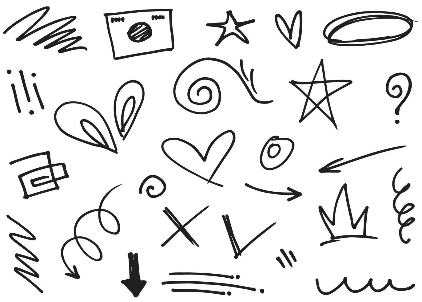 Abstract arrows, ribbons, crowns, hearts, explosions and other elements in hand drawn style for concept design. Doodle illustration. Vector template for decoration