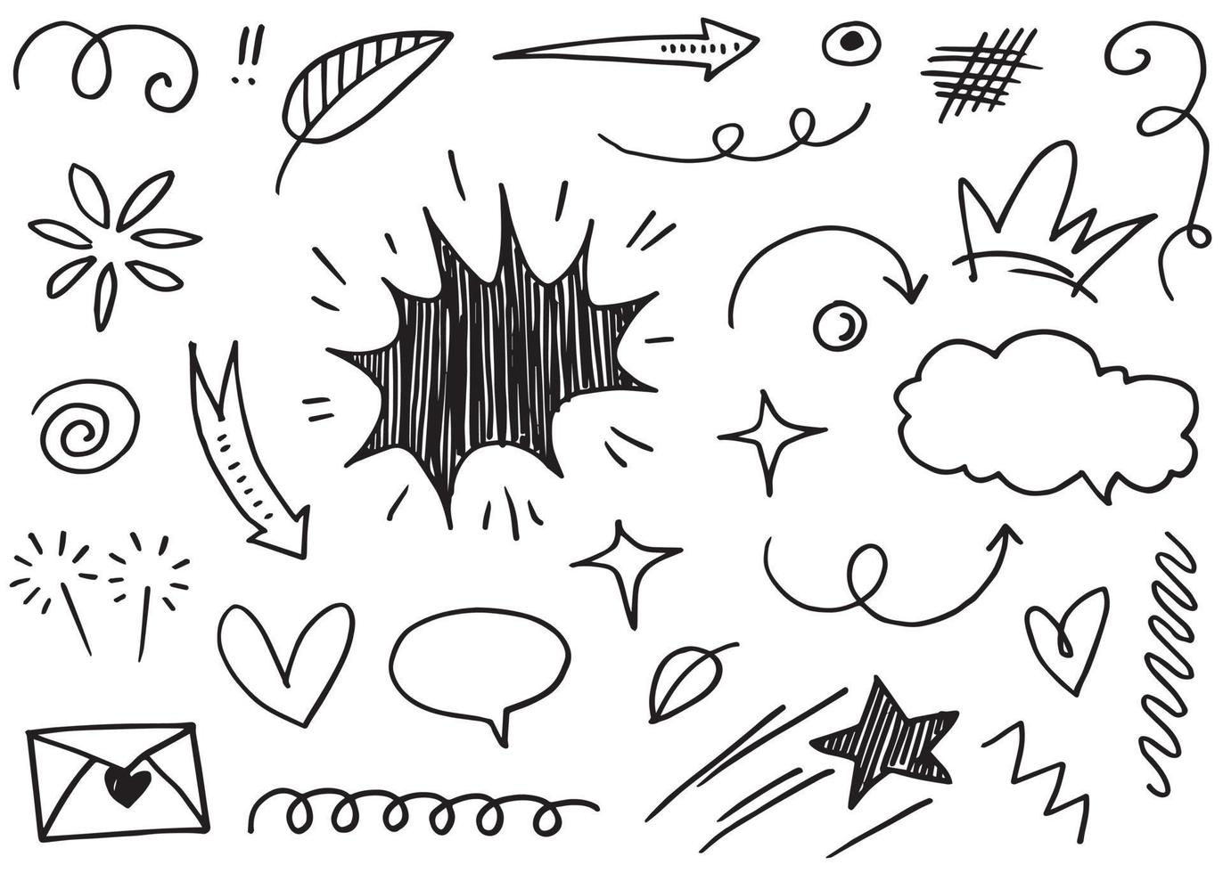 Abstract arrows, ribbons, crowns, hearts, explosions and other elements in hand drawn style for concept design. Doodle illustration. Vector template for decoration