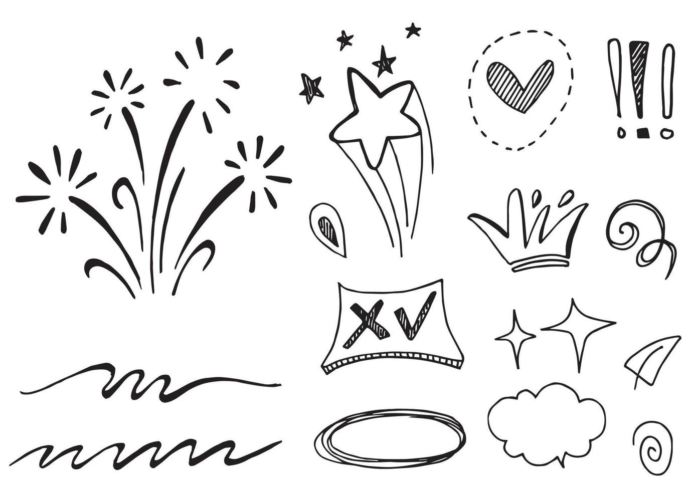 Abstract arrows, ribbons, crowns, hearts, explosions and other elements in hand drawn style for concept design. Doodle illustration. Vector template for decoration