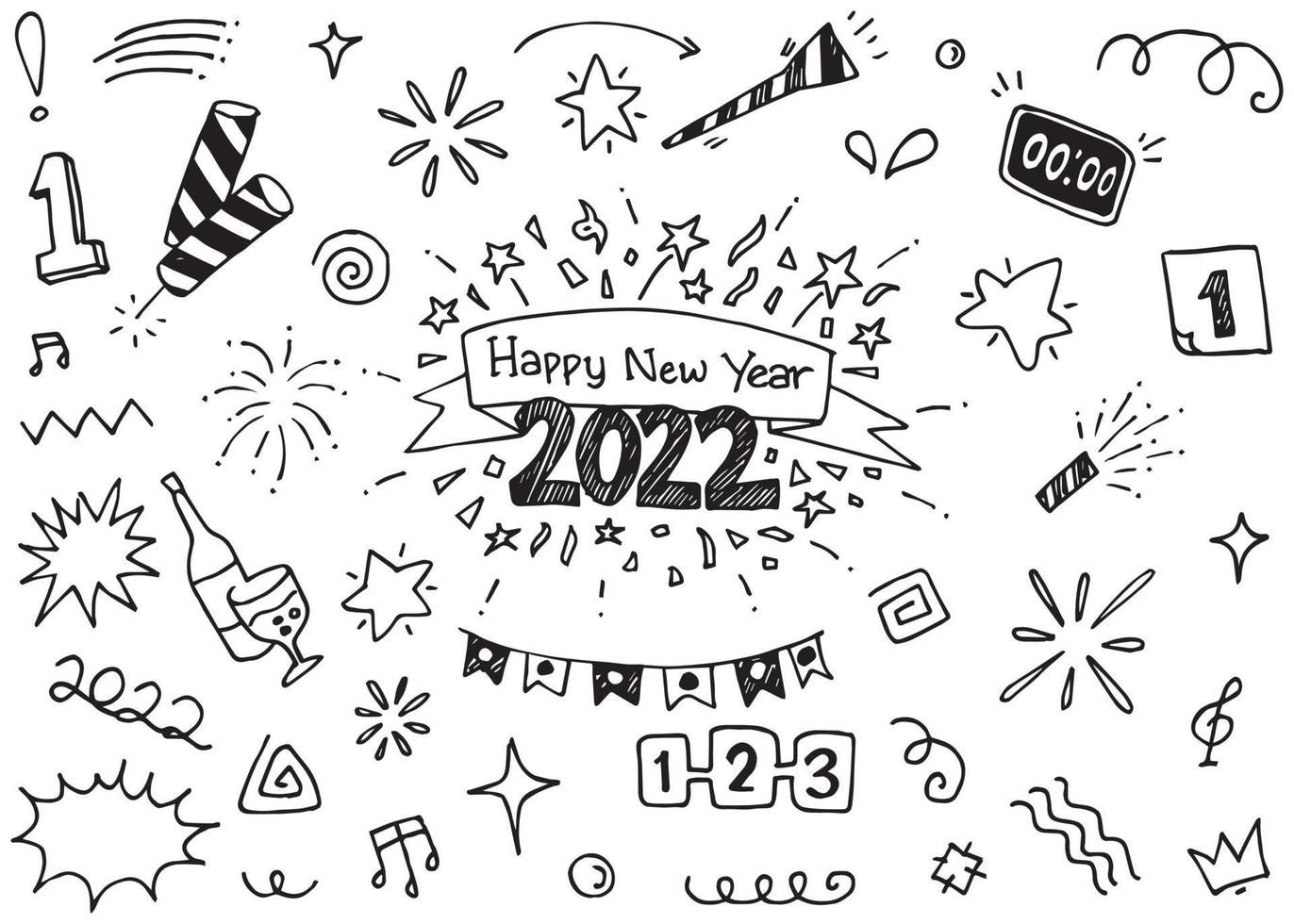 Hand drawn set elements, Abstract arrows, ribbons, fireworks, trumpet, hearts, stars, crowns and other elements in a hand drawn style for concept designs. Scribble illustration. Vector illustration