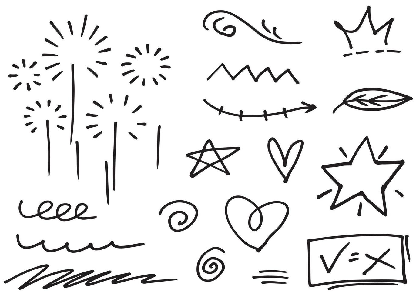 Abstract arrows, ribbons, crowns, hearts, explosions and other elements in hand drawn style for concept design. Doodle illustration. Vector template for decoration