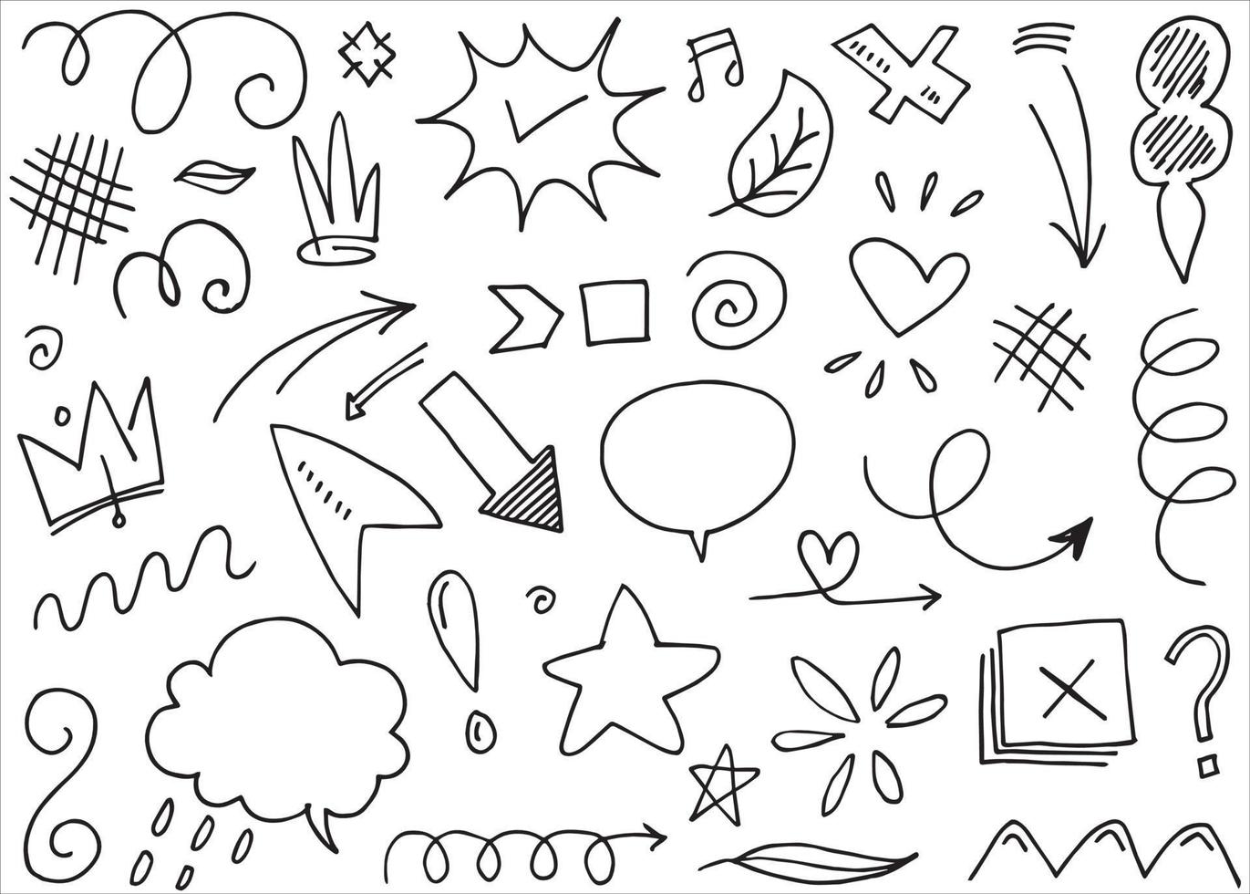 Abstract arrows, ribbons, crowns, hearts, explosions and other elements in hand drawn style for concept design. Doodle illustration. Vector template for decoration