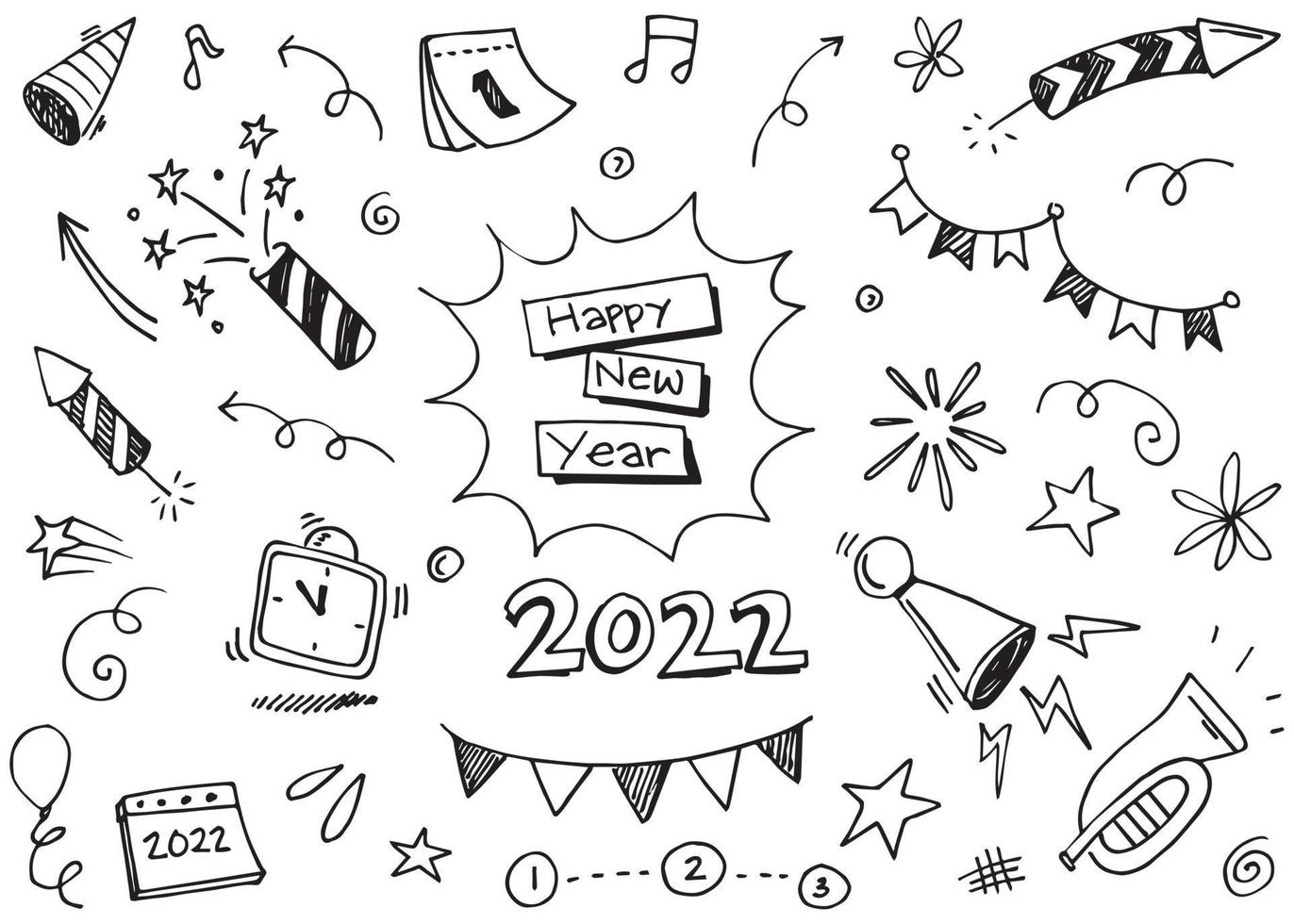 Hand drawn set elements, Abstract arrows, ribbons, fireworks, trumpet, hearts, stars, crowns and other elements in a hand drawn style for concept designs. Scribble illustration. Vector illustration