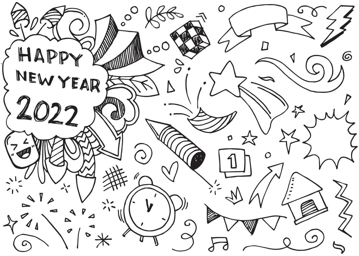 Hand drawn set elements, Abstract arrows, ribbons, fireworks, trumpet, hearts, stars, crowns and other elements in a hand drawn style for concept designs. Scribble illustration. Vector illustration