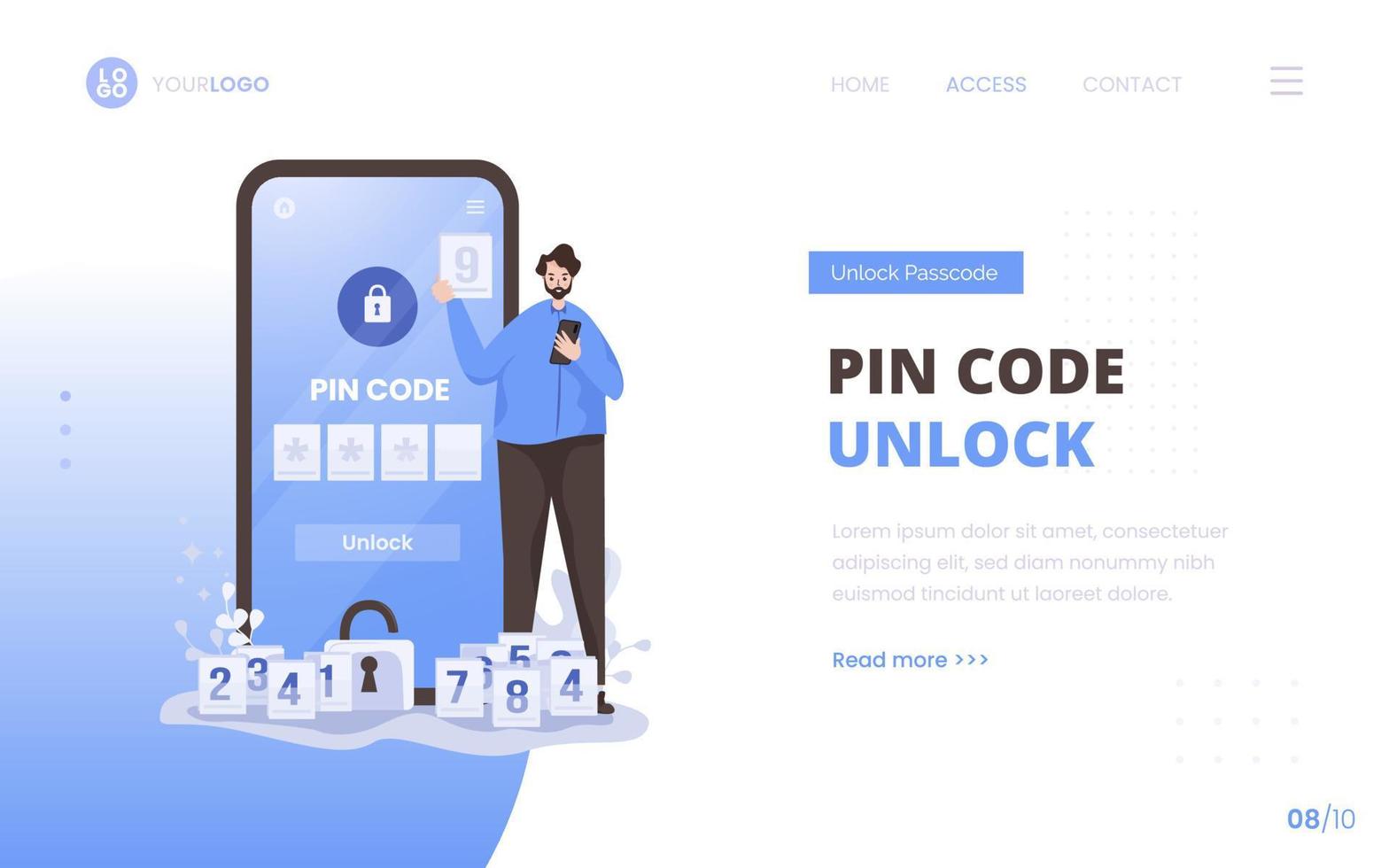 Pin code unlock security access concept on landing page design vector