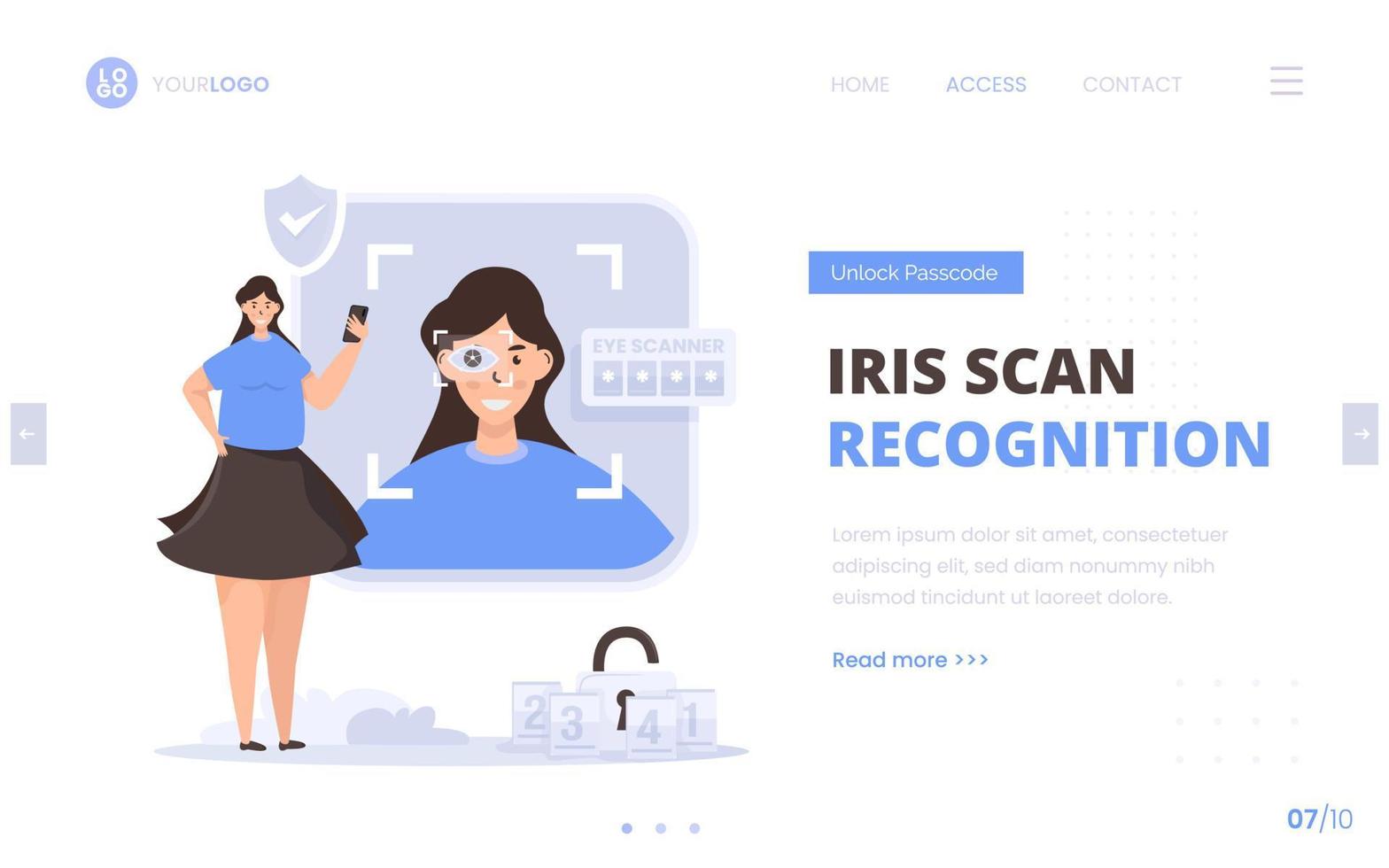 Iris recognition scan concept on landing page design vector