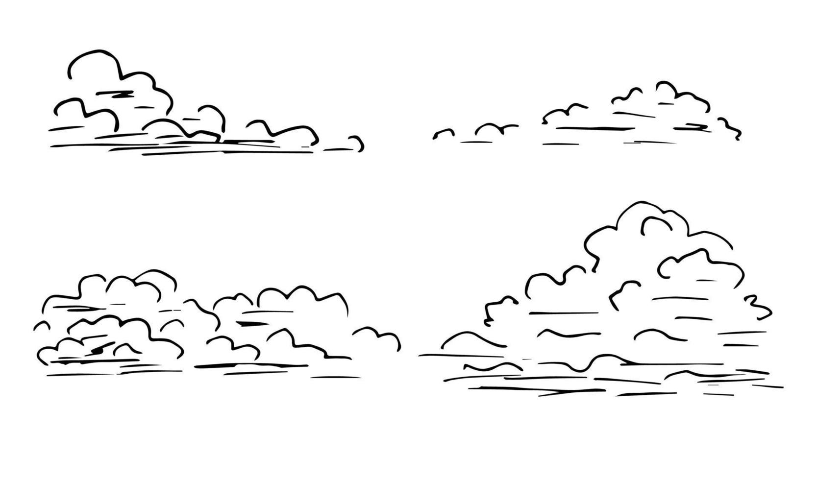 Hand-drawn vector set of black outline on a white background. Cumulus clouds of different shapes. Element of nature, seasonal weather, sky, air.