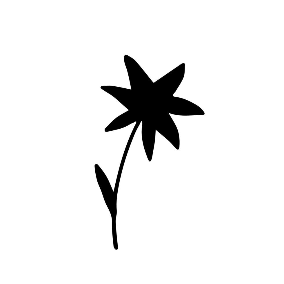 dibujo vectorial simple dibujado a mano. silueta negra de una pequeña flor aislada en un fondo blanco. elemento de la naturaleza, planta. vector