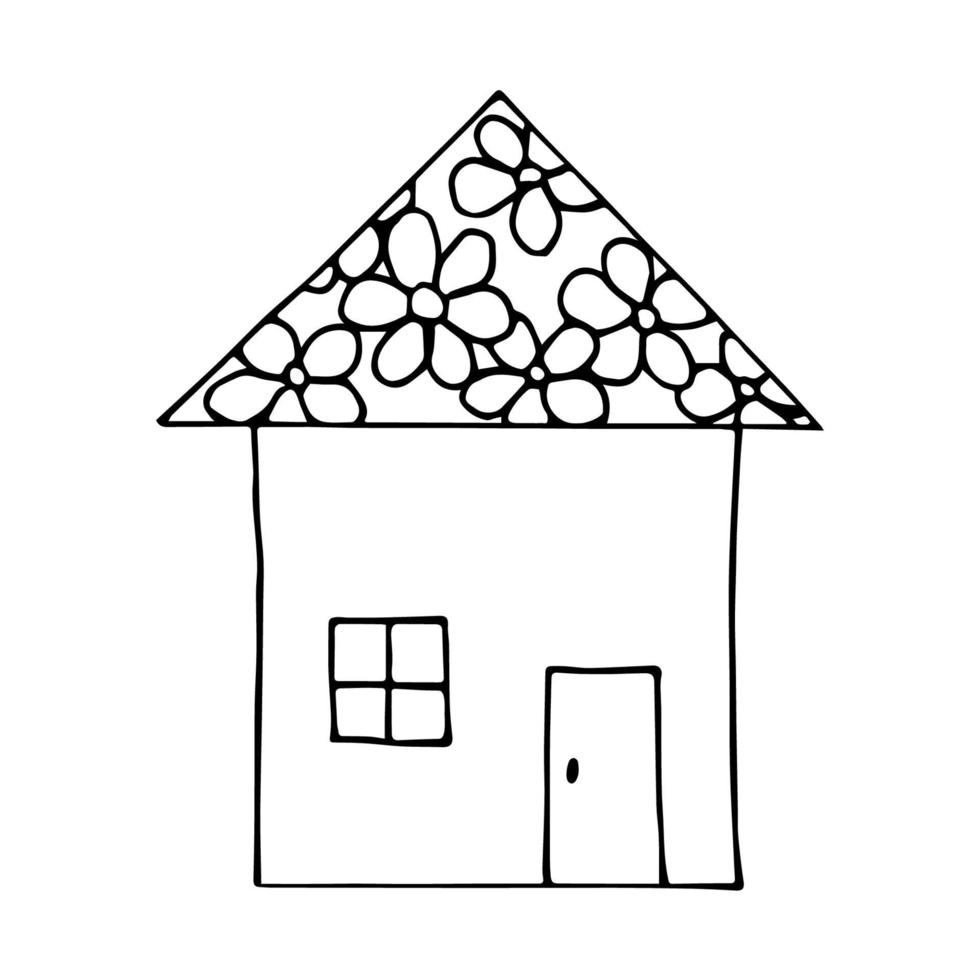 dibujo vectorial simple dibujado a mano en contorno negro. casa de juguete de dibujos animados con techo de flores. para estampados, colorantes infantiles. vector