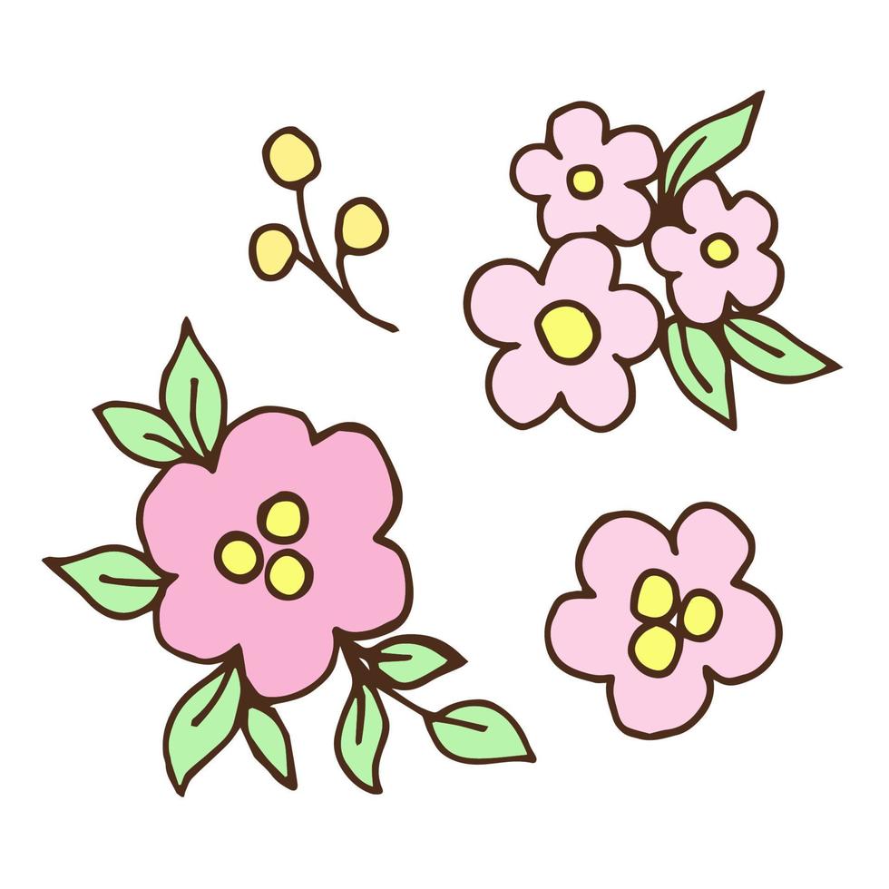 Delicate calm color floral vector set. Small pink flowers, green leaves isolated on white background. For prints, patterns, postcards, invitations, labels.