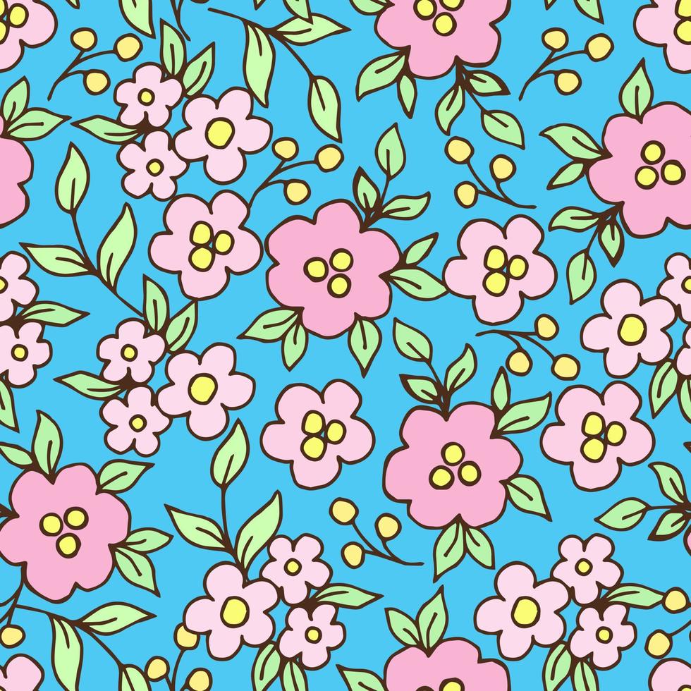 Delicate calm floral vector seamless pattern in rural style. Small pink flowers, green leaves on a bright blue background. For printing on fabrics, textiles, clothing.