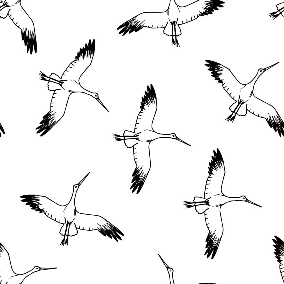 Hand-drawn simple vector seamless pattern. Black outline of a stork flying in the sky on a white background. Wildlife, birds. For prints of fabric, textile products, paper, clothing, shirts.