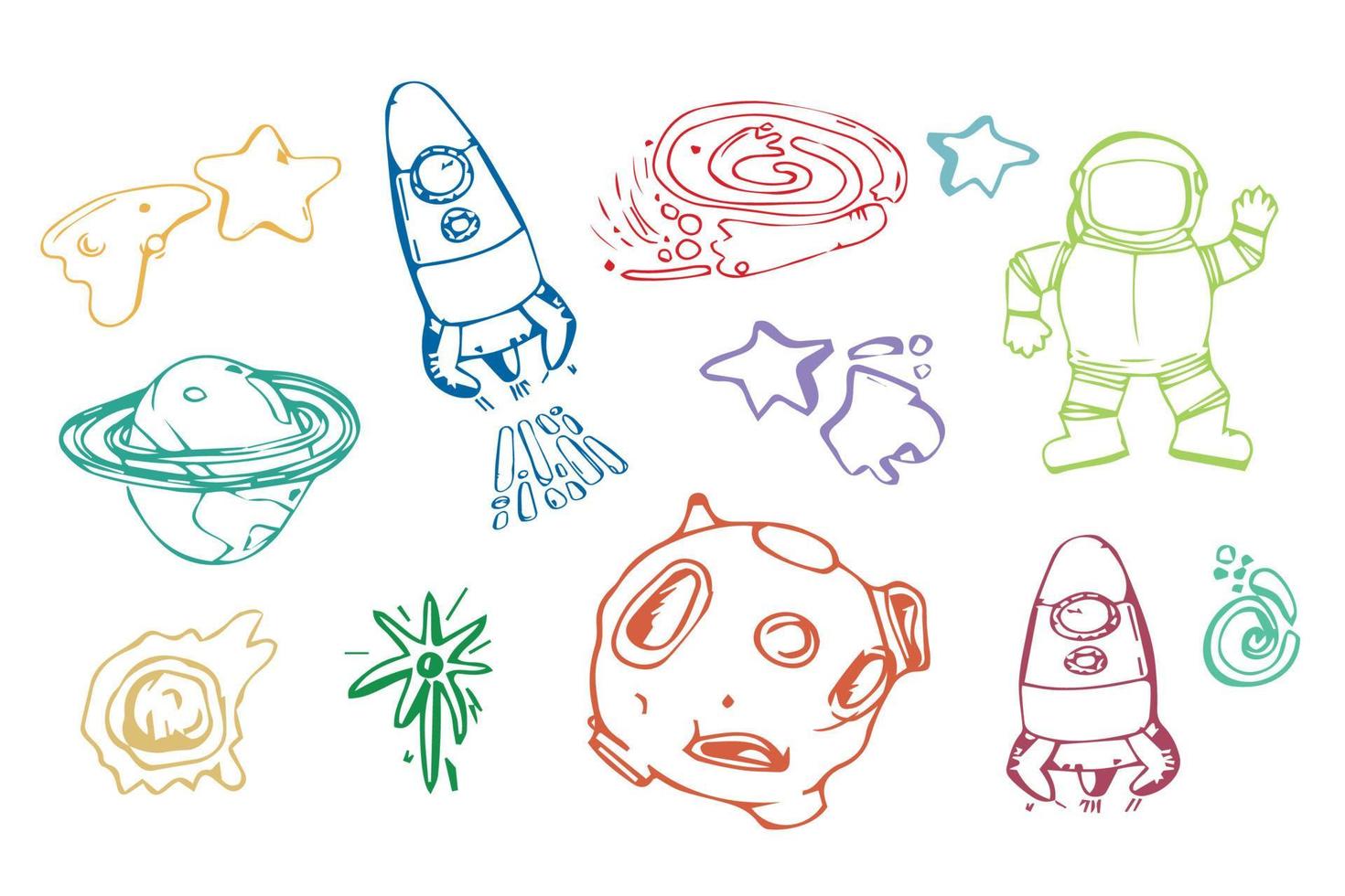 conjunto de elementos espaciales en el estilo de boceto de garabato. cohetes y naves espaciales, astronautas, estrella, cometa, luna. vector