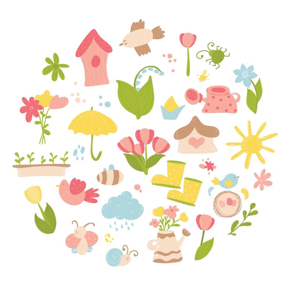 conjunto de primavera de pascua con lindas flores huevos, pájaros, abejas, nubes, paraguas. mariposas elementos de dibujos animados planos dibujados a mano en marco circular. ilustración vectorial vector