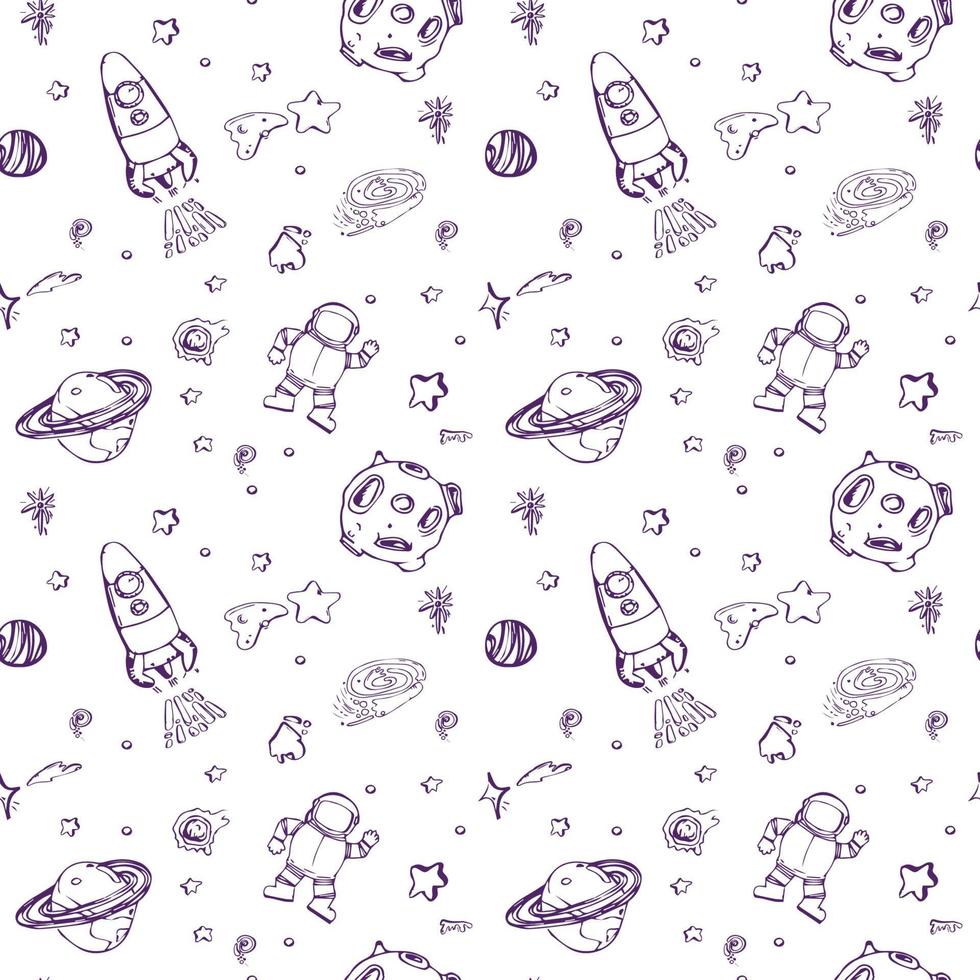 Space and astronaut seamless pattern. Starry sky background with cosmic elements. Hand drawn solar system, stars, planets, spaceships, rockets. vector