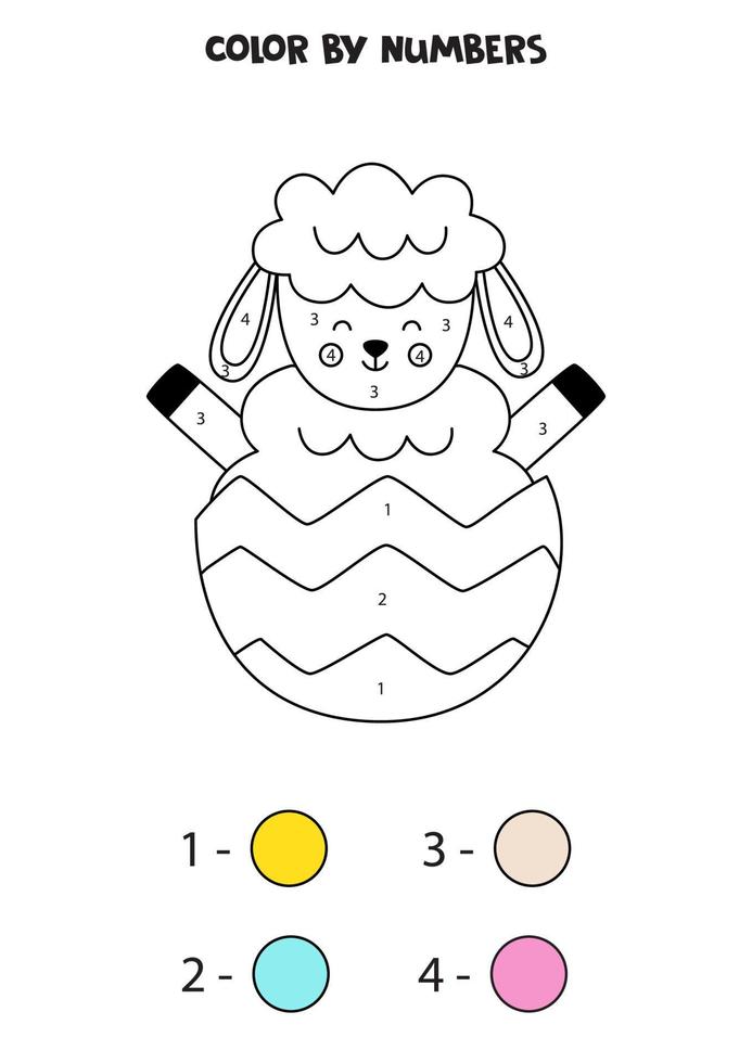 Color cute Easter sheep by numbers. Worksheet for kids. vector