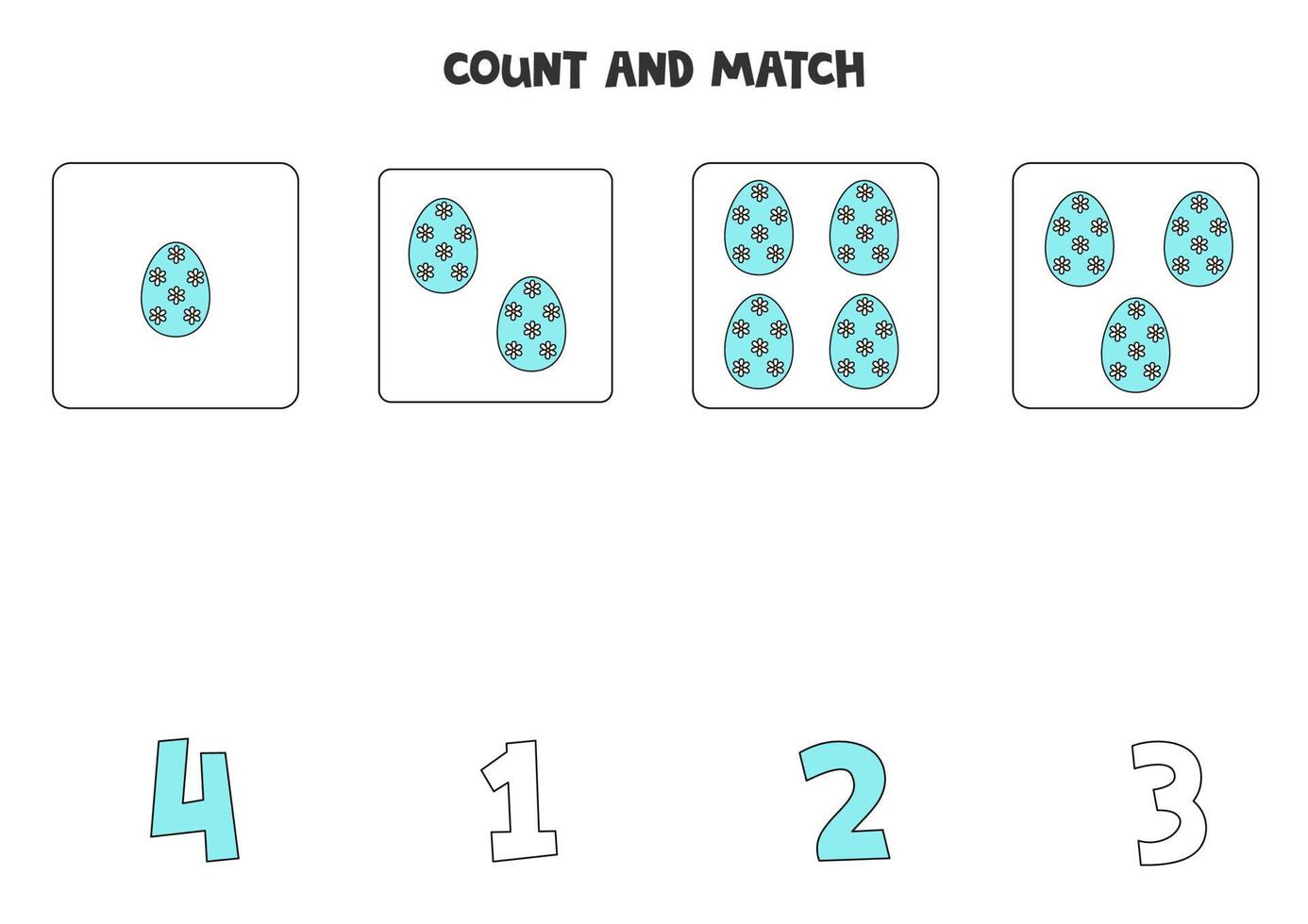 Counting game for kids. Count all Easter eggs and match with numbers. Worksheet for children. vector