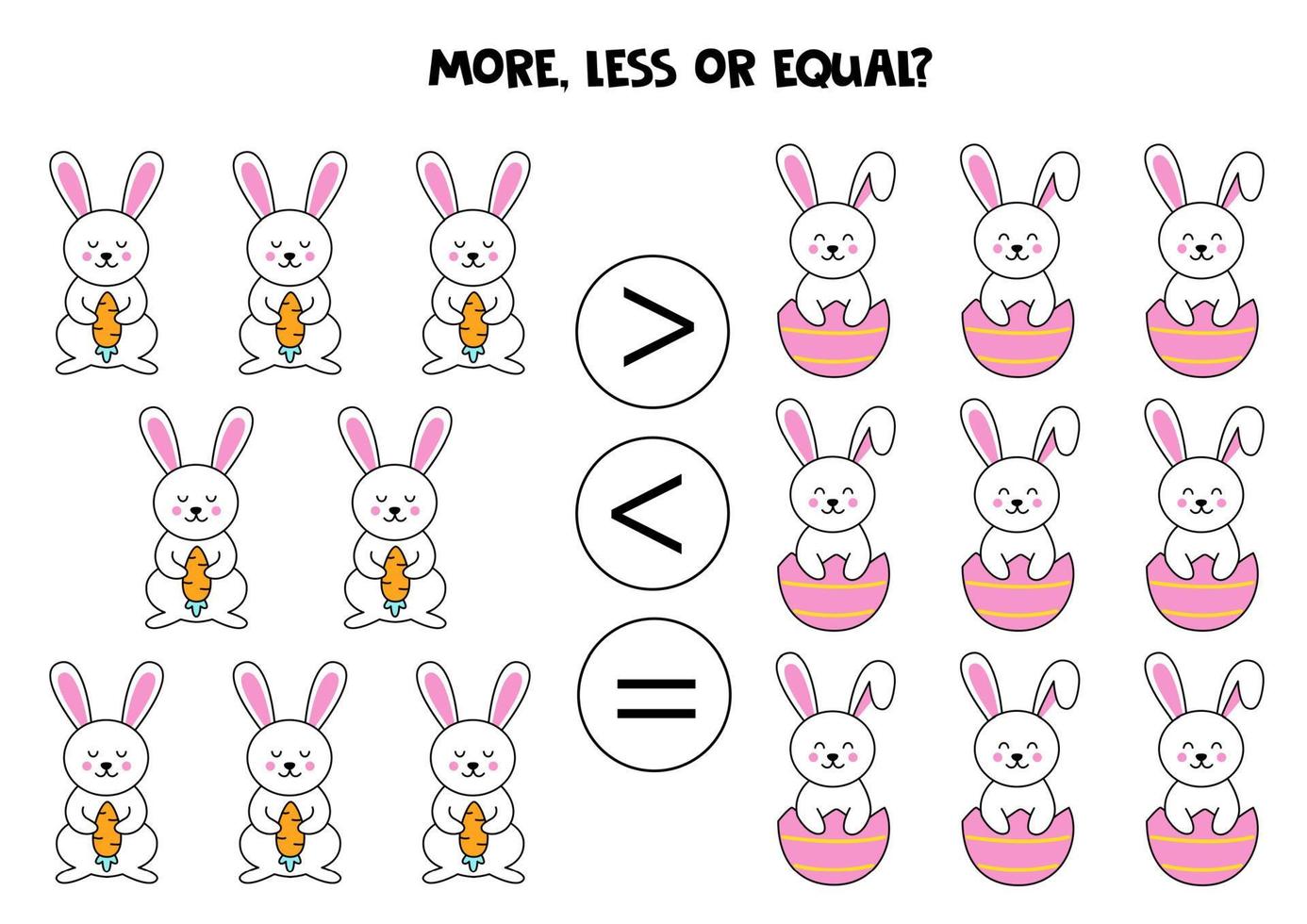 More, less, equal with cute Easter bunnies. vector