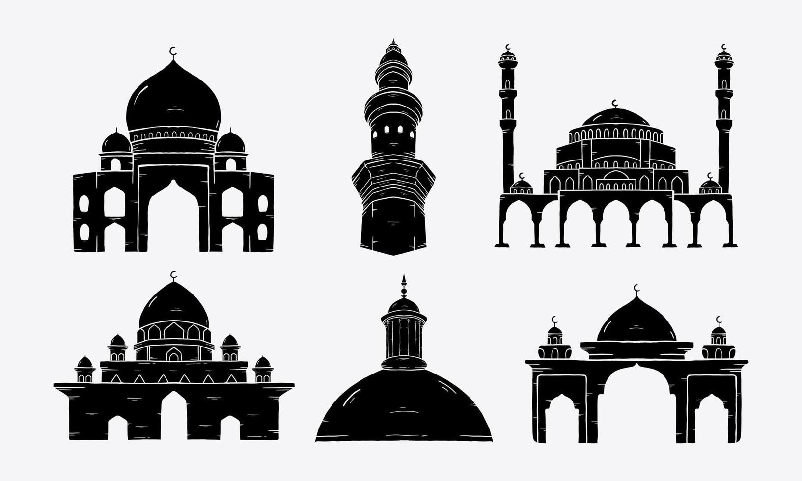 conjunto de mezquita islámica de silueta. gráfico vectorial de ilustración. mezquita de concepto de diseño con estilo dibujado a mano vector