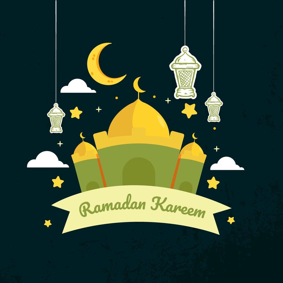 Ramadan Kareem Illustration With Mosque And Lantern Concept. Flat And fHand Drawn Sketch Style vector