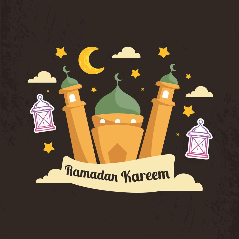 Ramadan Kareem Illustration With Mosque And Lantern Concept. Flat And fHand Drawn Sketch Style vector