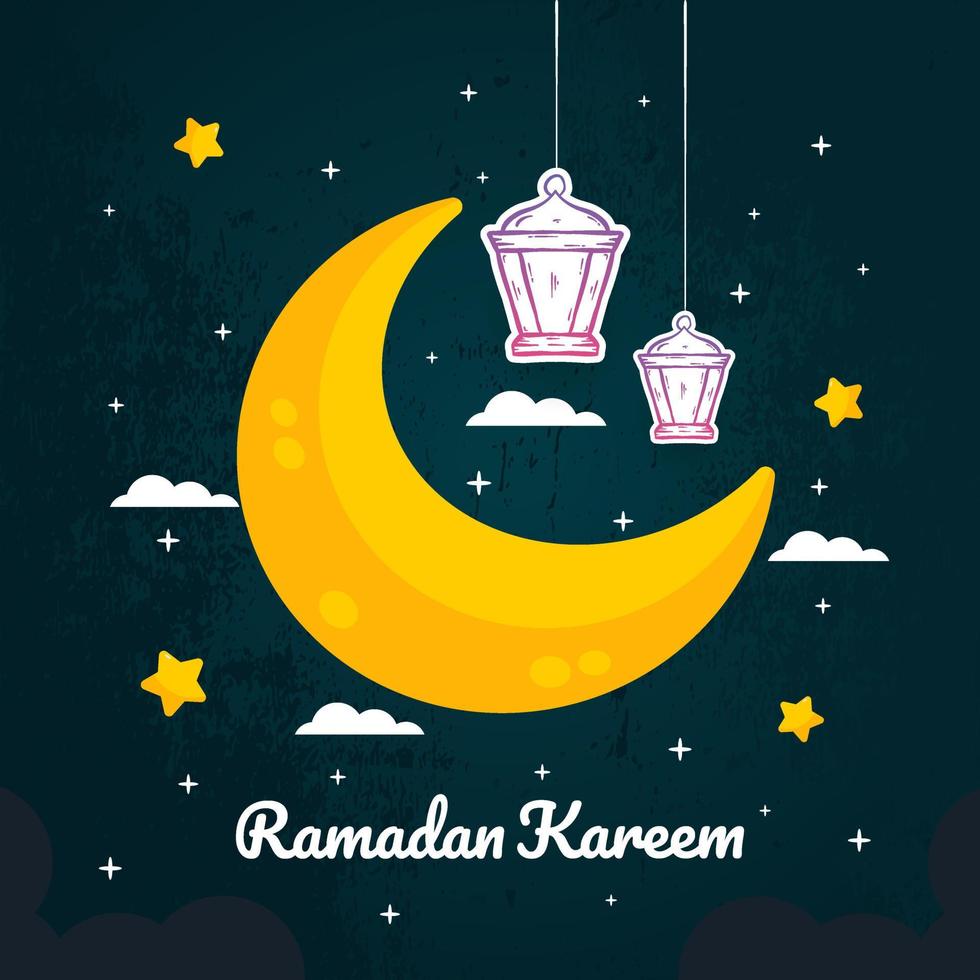 Ramadan Kareem Illustration With Crescent Moon And Lantern Concept. Flat And fHand Drawn Sketch Style vector