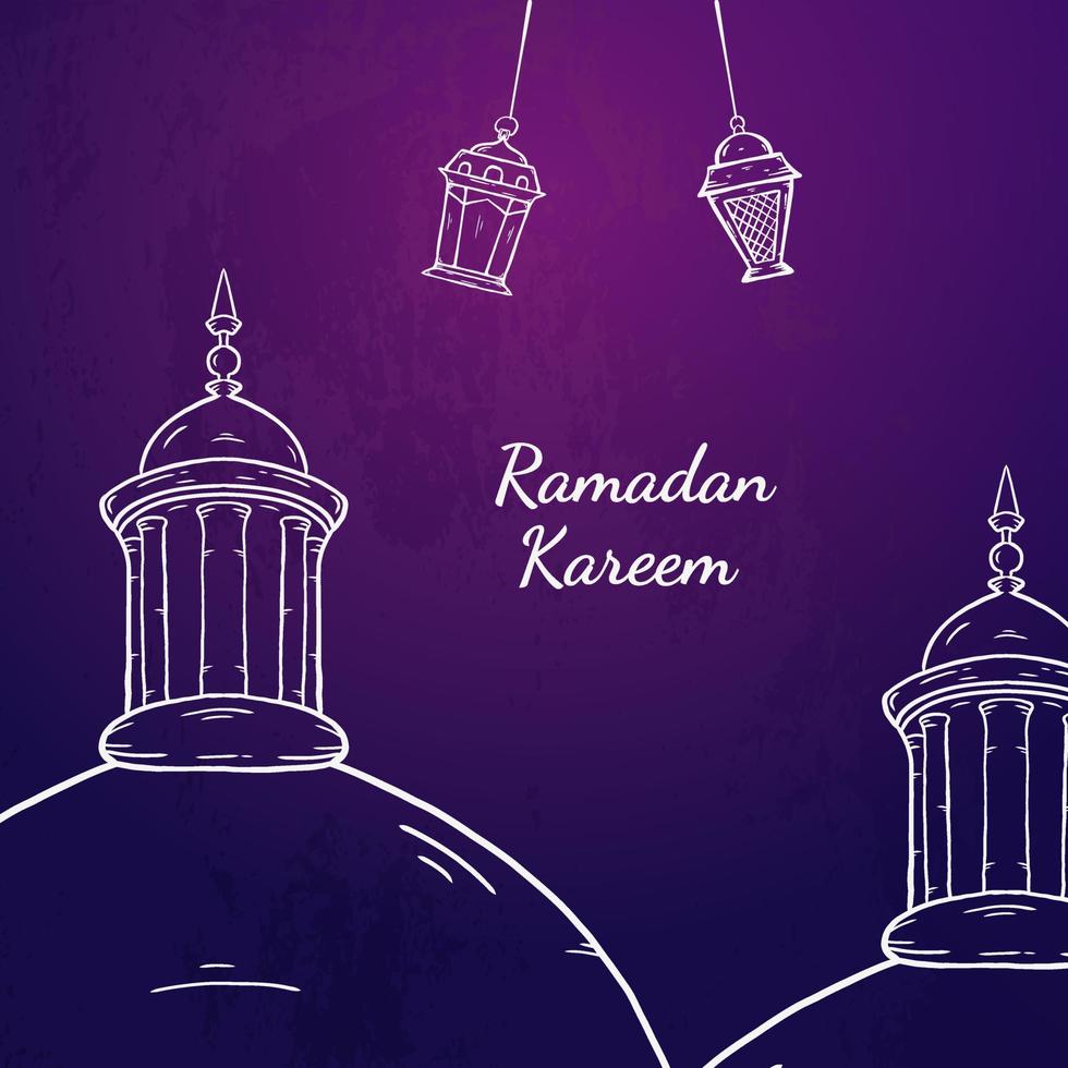 Ramadan Kareem Illustration With Mosque And Lantern Concept. Hand Drawn Sketch Style vector