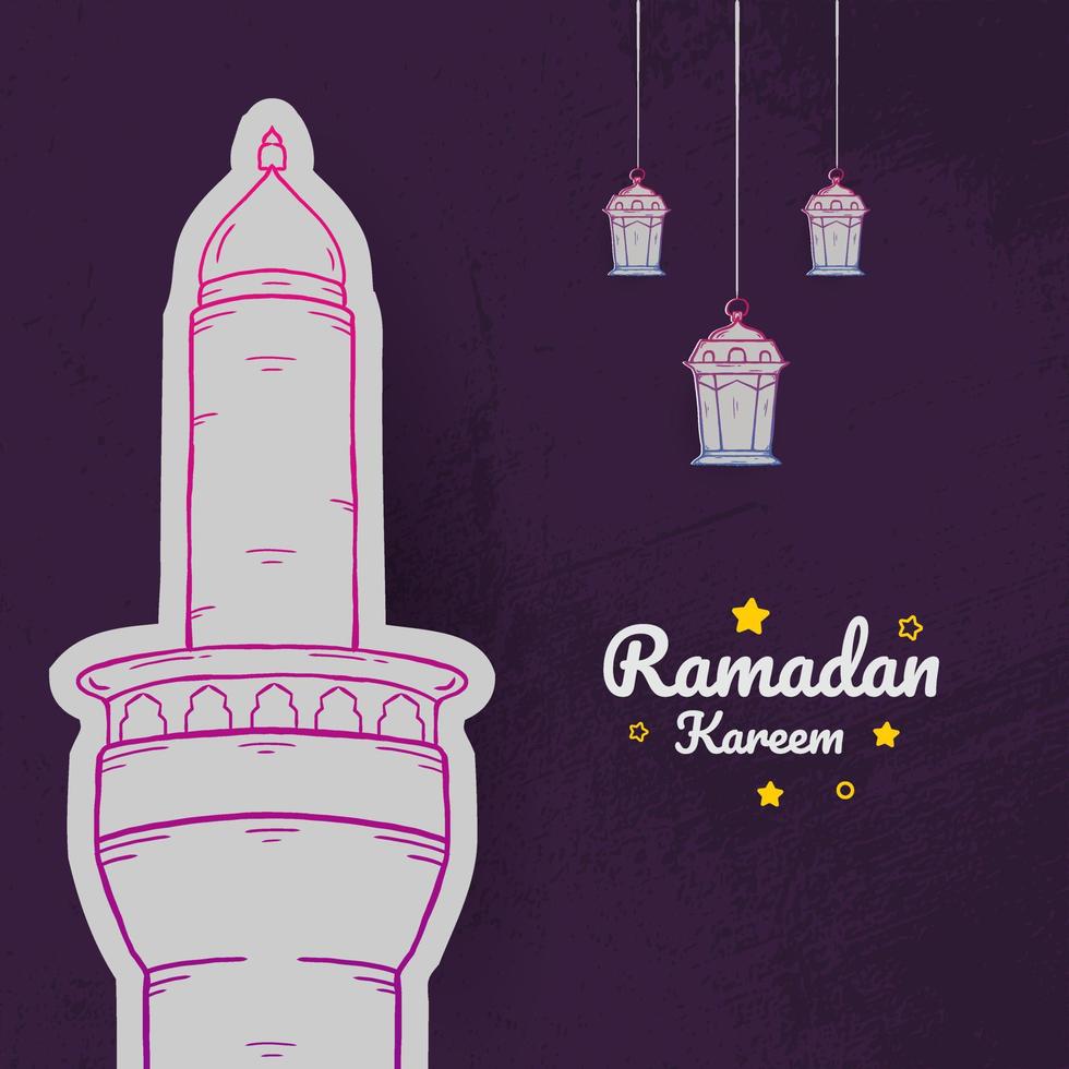 Ramadan Kareem Illustration With Mosque And Lantern Concept. Hand Drawn Sketch Style vector