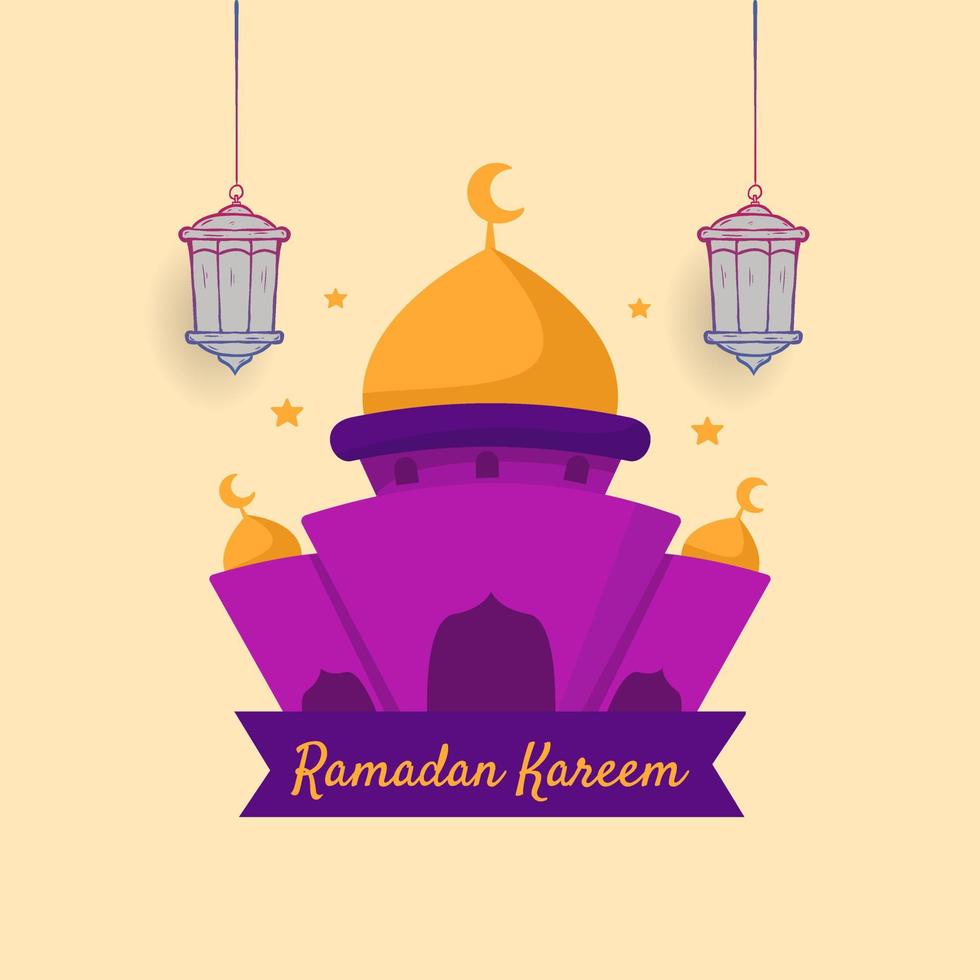 ilustración de ramadan kareem con concepto de mezquita y linterna. estilo de boceto dibujado a mano y plano vector