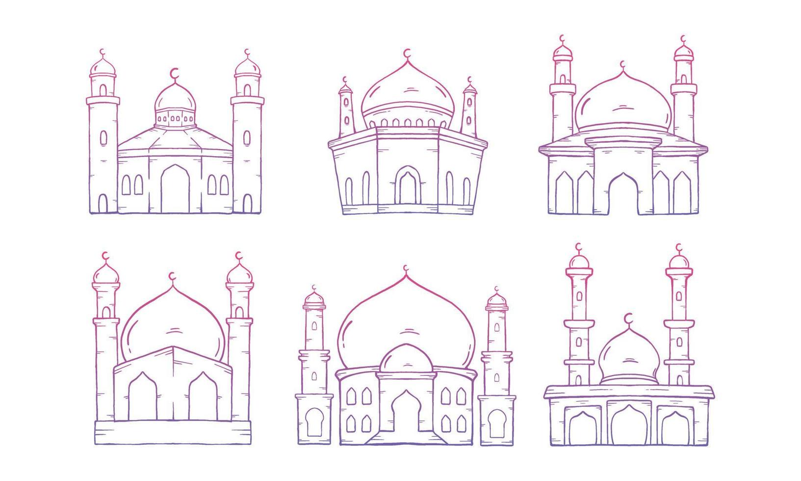 conjunto de mezquita islámica. gráfico vectorial de ilustración. mezquita de concepto de diseño con estilo de boceto dibujado a mano vector