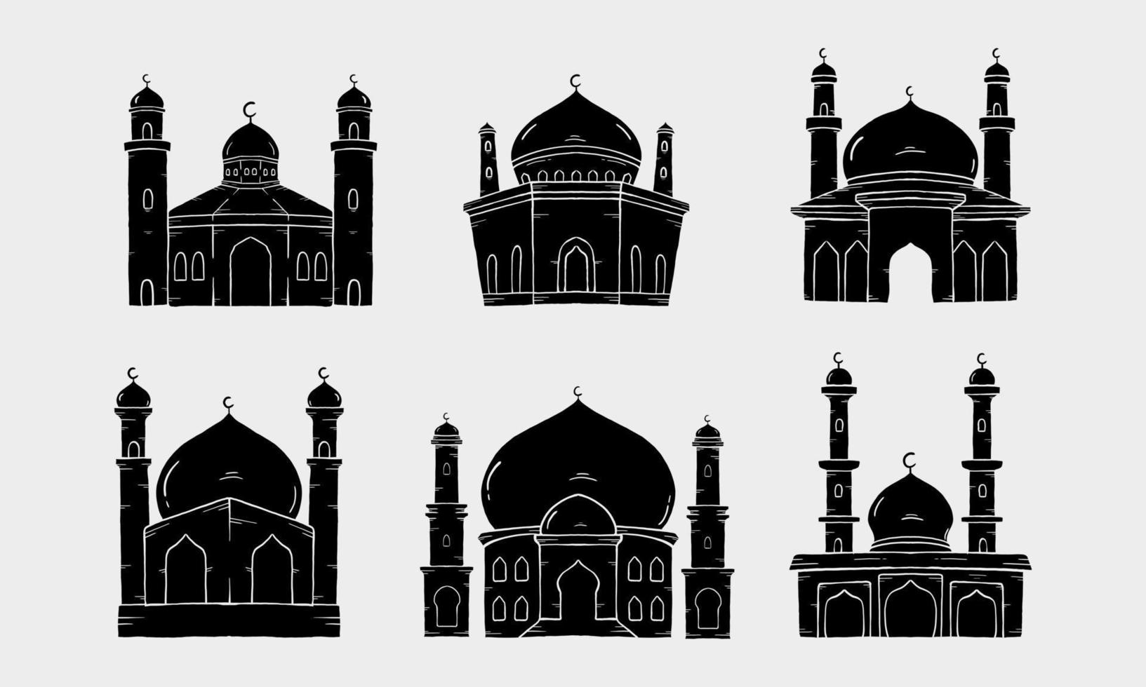 conjunto de mezquita islámica de silueta. gráfico vectorial de ilustración. mezquita de concepto de diseño con estilo dibujado a mano vector
