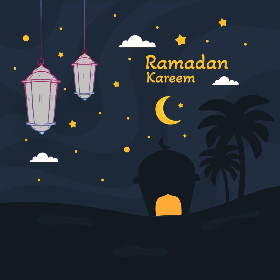 Ramadan Kareem Illustration With Mosque And Lantern Concept. Flat And fHand Drawn Sketch Style vector