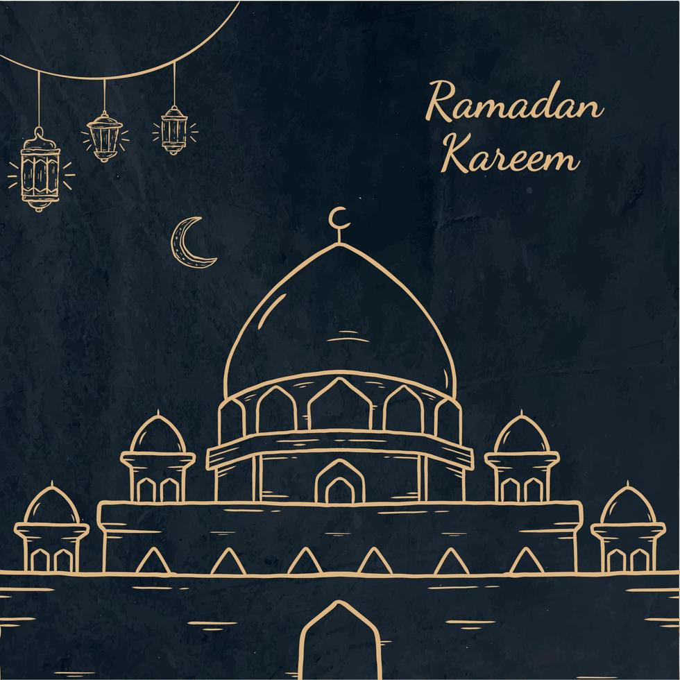 ilustración de ramadan kareem con concepto de mezquita y linterna. estilo de boceto dibujado a mano vector