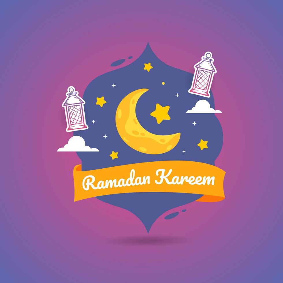 Ramadan Kareem Illustration With Crescent Moon And Lantern Concept. Flat And fHand Drawn Sketch Style vector