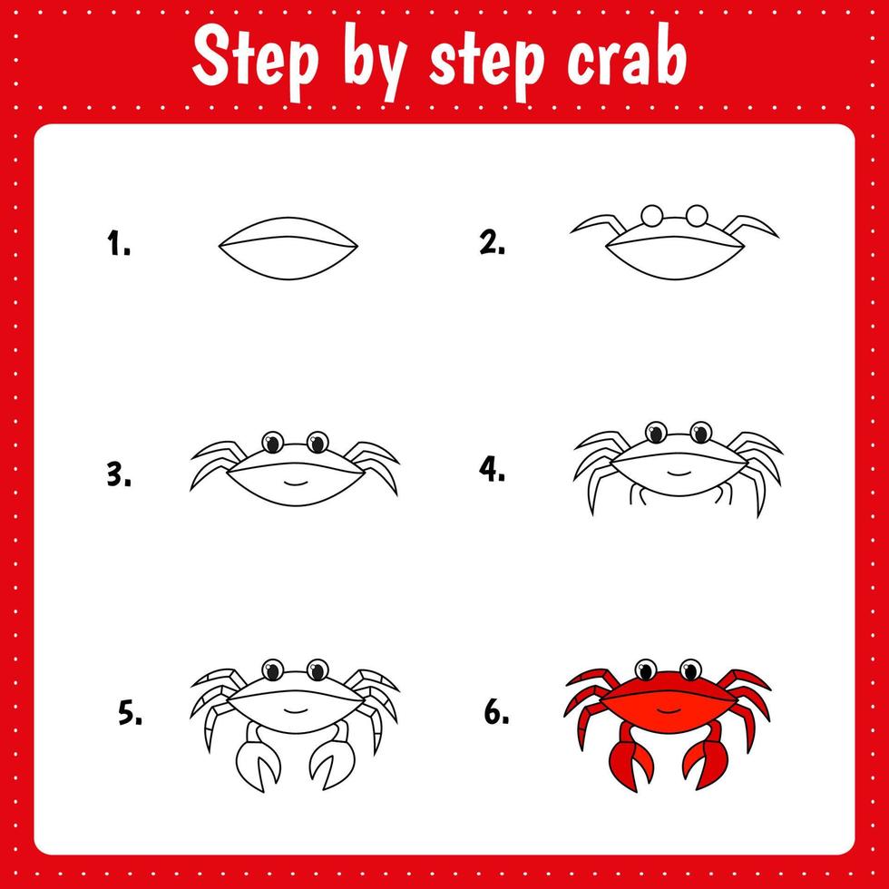 How to draw cute little crab. Educational page for children. Creation step by step  illustration. Printable worksheet for kids school exercise book. vector
