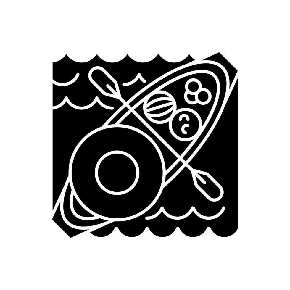 Floating market glyph icon. Selling goods and local food from boat. Type of trade in Thailand, Indonesia and Vietnam. Water transport. Silhouette symbol. Negative space. Vector isolated illustration
