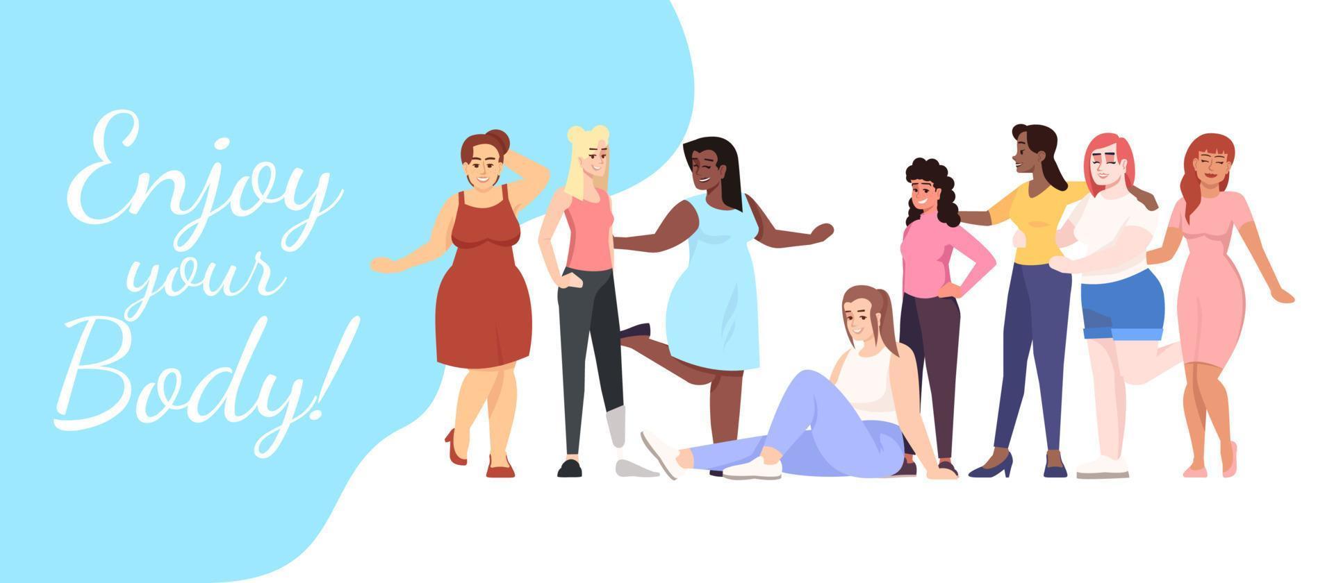 Enjoy your body flat poster vector template. Smiling ladies of different nationalities isolated cartoon characters on white and blue. Banner, brochure page, leaflet design layout with place for text