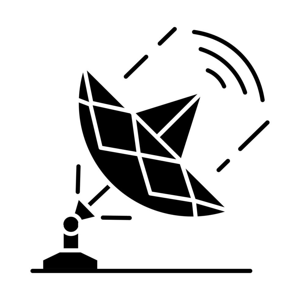 Telecommunication industry glyph icon. Global broadcasting and telecommunication with satellite. Radio signal, frequency waves. Silhouette symbol. Negative space. Vector isolated illustration