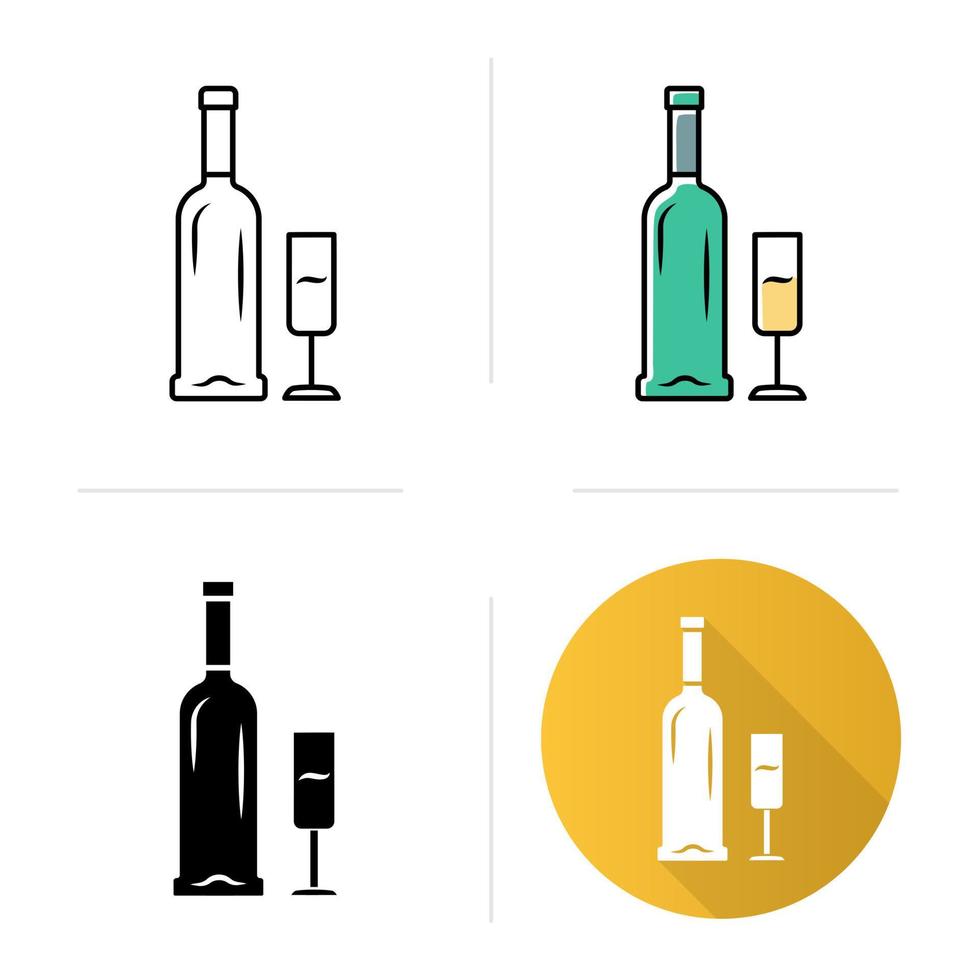 Open bottle and glass of champagne icons set. Wine service. Sparkling wine. Aperitif, alcohol beverage. Glassware, winery. Flat design, linear, black and color styles. Isolated vector illustrations