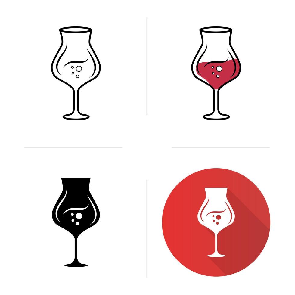 Madeira wineglass icons set. Alcohol beverage with bubbles. Party cocktail. Sweet aperitif drink. Tableware, glassware. Flat design, linear, black and color styles. Isolated vector illustrations
