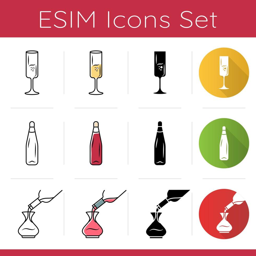 Sommelier glassware icons set. Pouring wine in decanter. Alcohol drink decantering. Pub, bar, restaurant. Barman tableware. Flat design, linear, black and color styles. Isolated vector illustrations