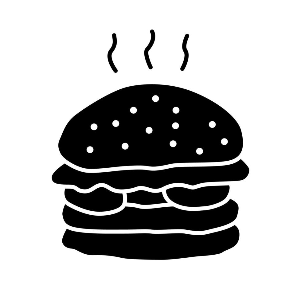 Delicious burger glyph icon. Unhealthy nutrition, harmful food, takeaway service silhouette symbol. Negative space. Grilled patty with buns and vegetables, junk food vector isolated illustration