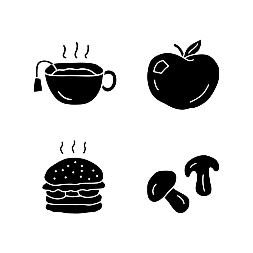 Delicious lunch doodle glyph icons set. Tasty breakfast, fast food and drink silhouette symbols. Hot tea, ripe apple, burger and mushrooms vector isolated illustration. Healthy and harmful nutrition