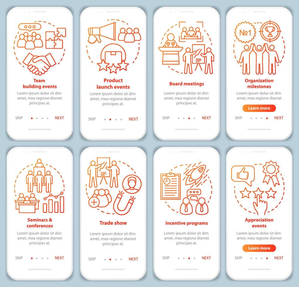 Corporate events management onboarding mobile app page screen with linear concepts. Company special events planner walkthrough steps graphic instructions. UX, UI, GUI vector template with illustration