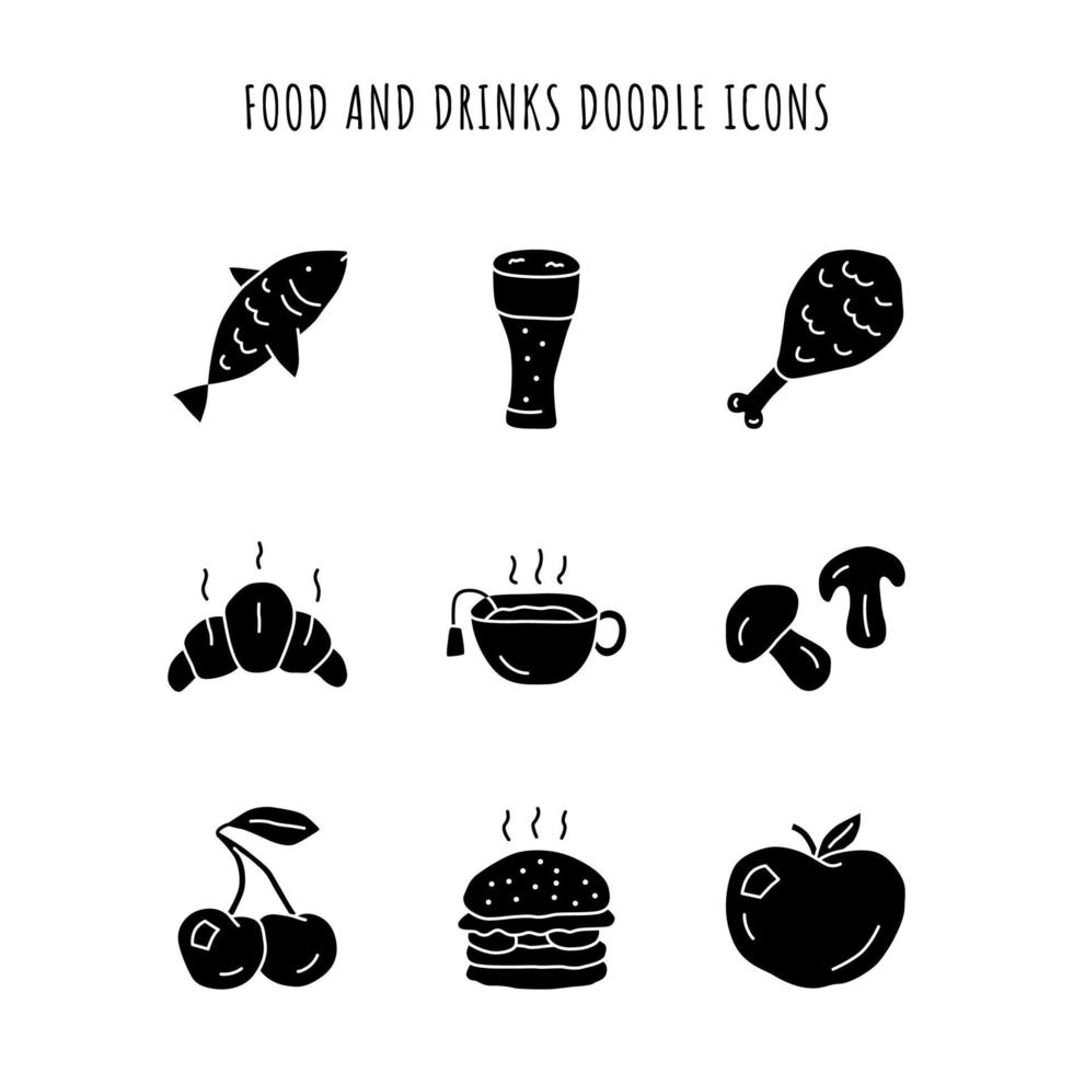 Food and drinks glyph icons set. Burger, chicken leg and beer. Delicious eating and beverages silhouette symbols. Fish, cherry and apple. Croissant, hot tea and mushrooms vector isolated illustration