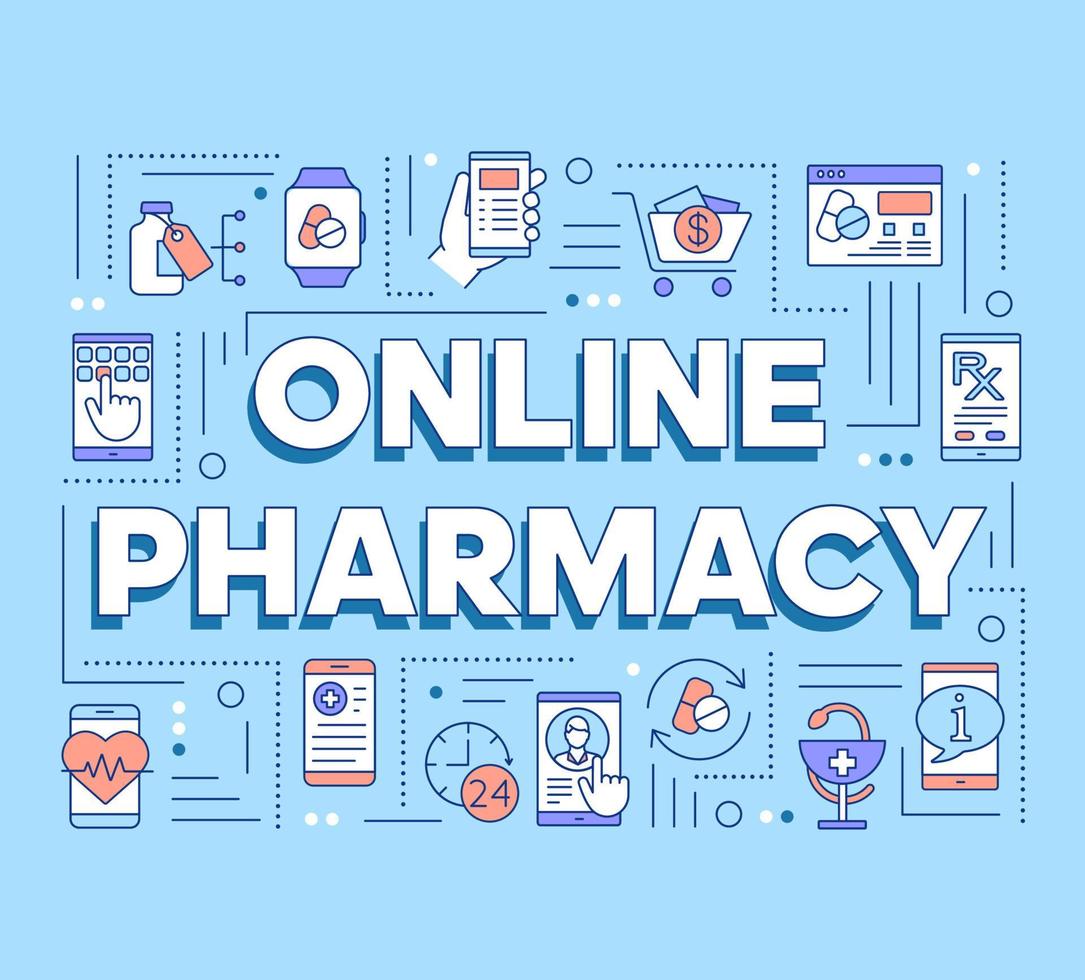 Online pharmacy word concepts banner. Medication, medicine eshopping. Online consultant. Presentation, website. Isolated lettering typography idea with linear icons. Vector outline illustration