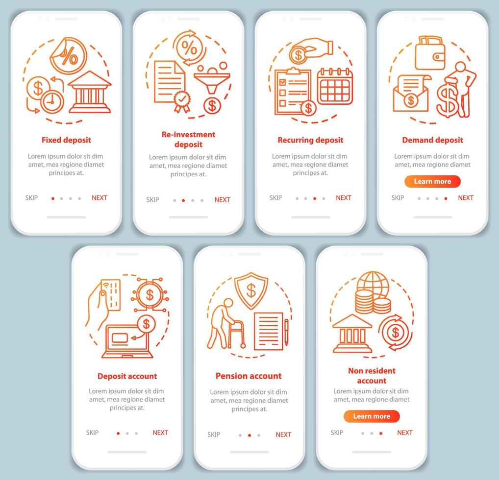 Savings, deposit investment onboarding mobile app page screen vector template. Different deposit types. Walkthrough website steps with linear illustrations set. UX, UI smartphone interface concept