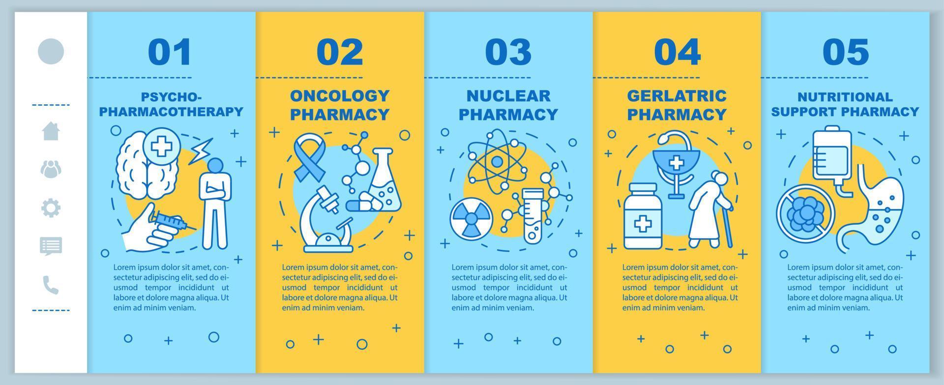 Sucursales de farmacia incorporación de plantillas vectoriales de páginas web móviles. droga nuclear. Idea de interfaz de sitio web de teléfono inteligente sensible con ilustraciones lineales. pantallas de pasos del tutorial de la página web. concepto de color vector